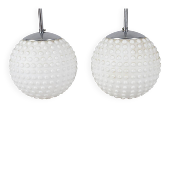 2-piece set Bubble Space Age opal glass ceiling lamps/ceiling lights by Rolf Krüger for Staff, Germany, 1970s.