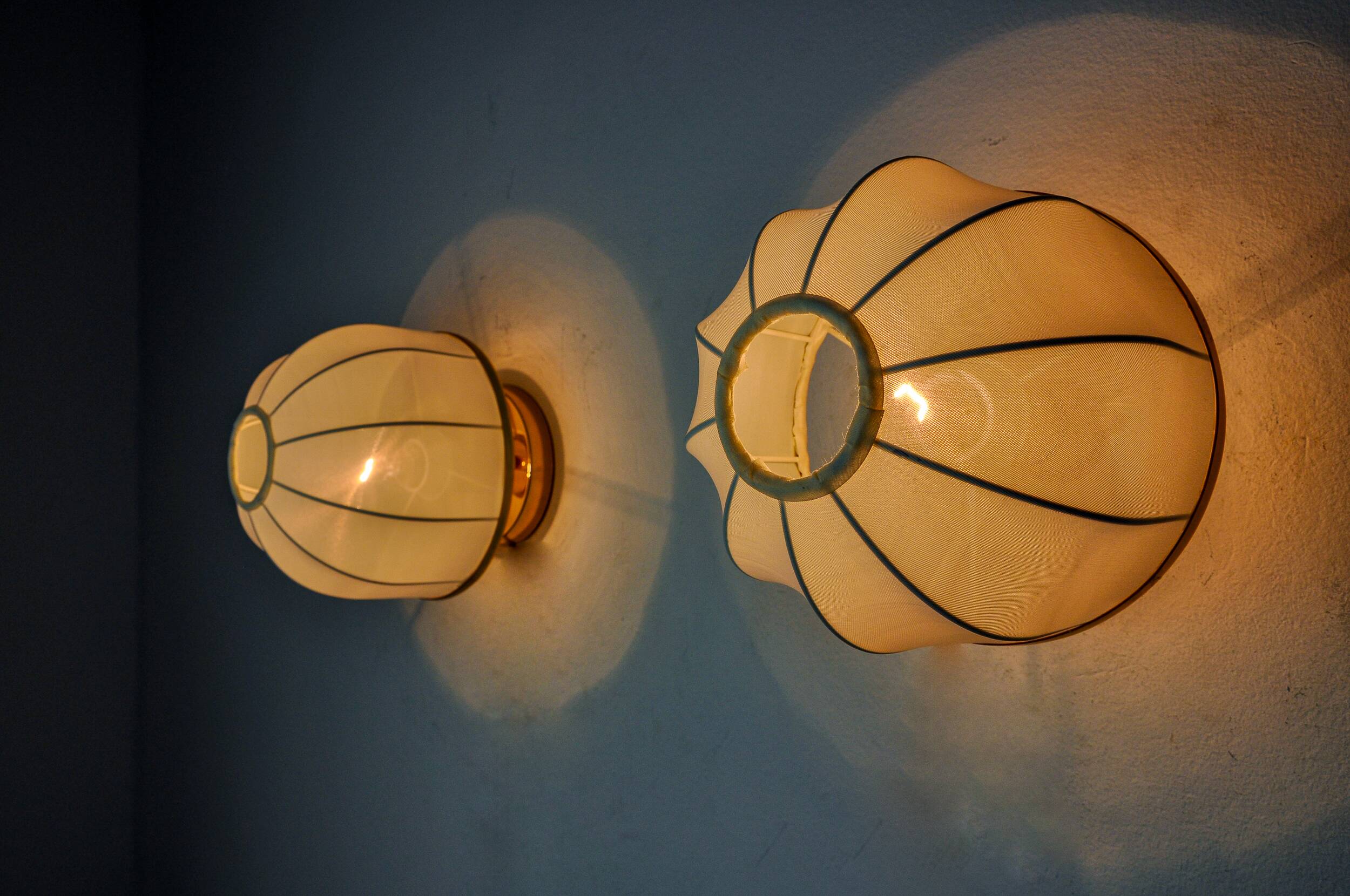 Pair of regency wall lights, pine and stretched canvas, italy, 1970