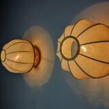 Pair of regency wall lights, pine and stretched canvas, italy, 1970