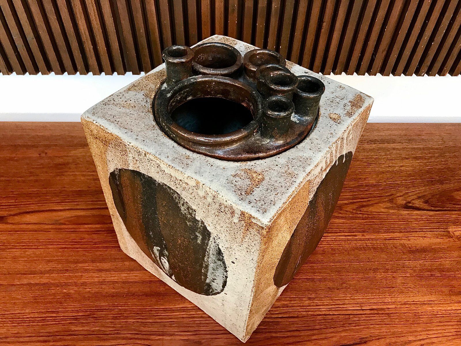 Brutalist ceramic art cube vase by Annette Merkenthaler, Germany 1960s