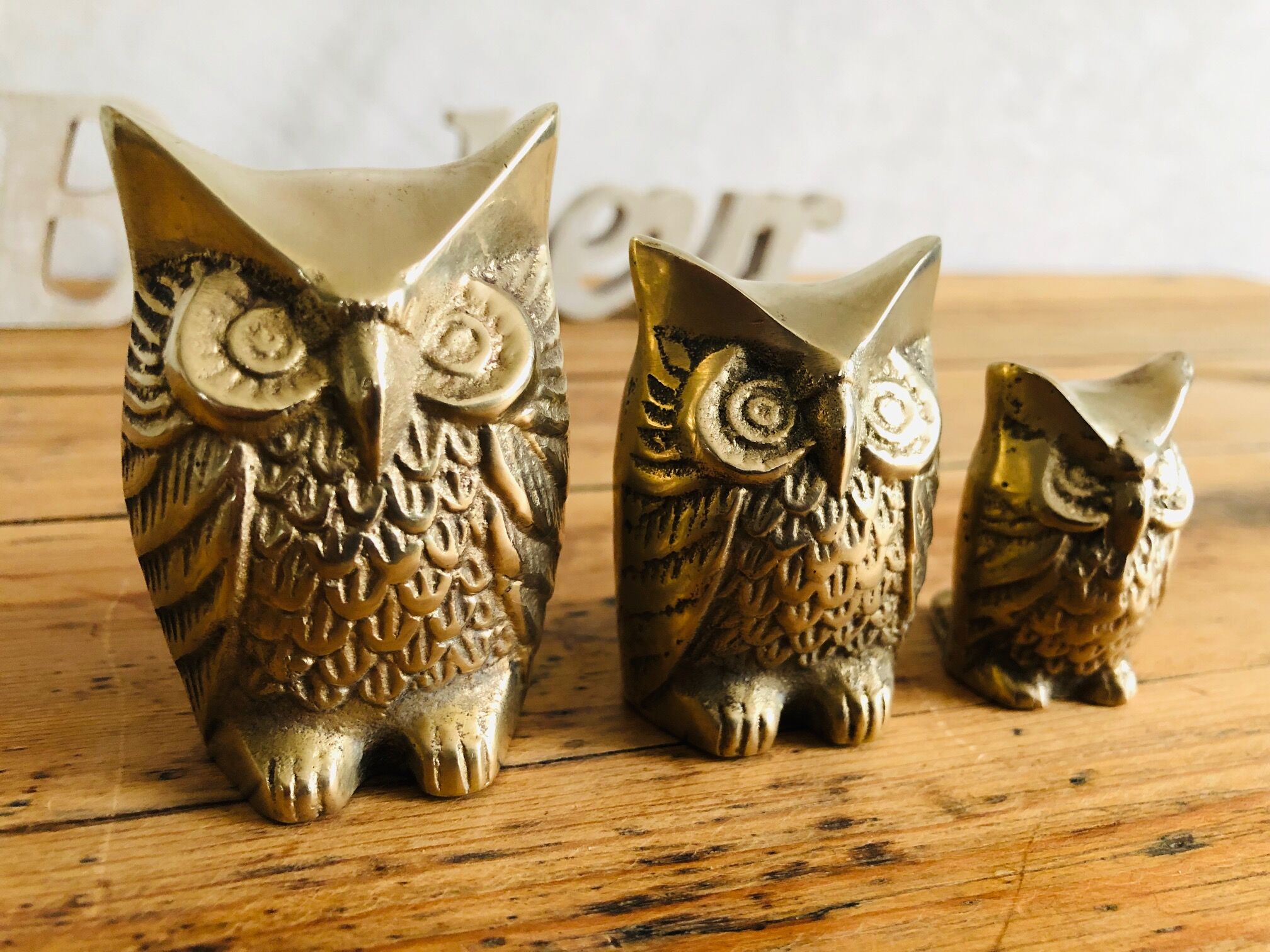 Trio of 3 owls in vintage brass