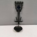 Vintage wall candle holder in wrought iron and hard pressed blue glass.