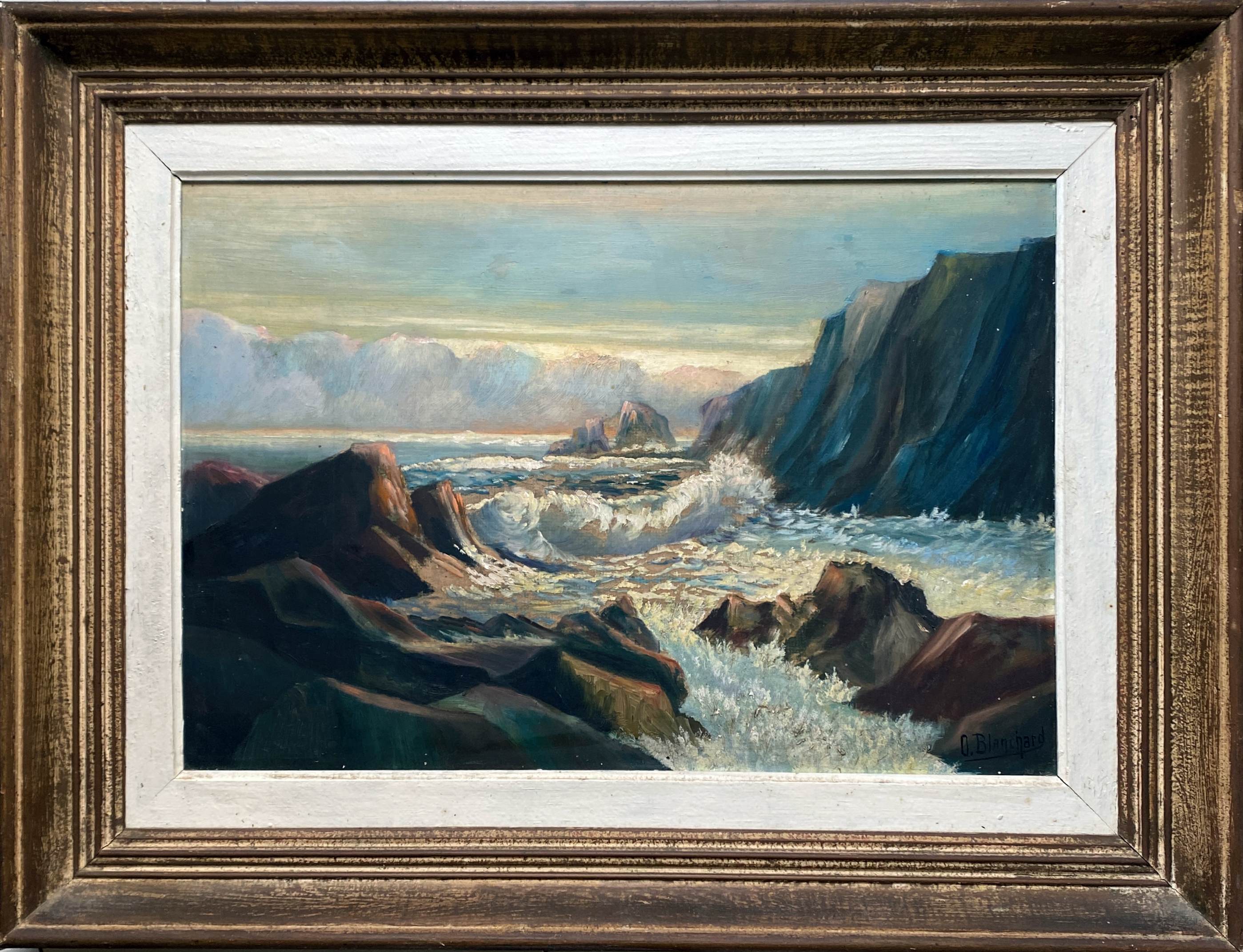 HSP painting "Seaside at sunset" signed O. Blanchard + Marine frame