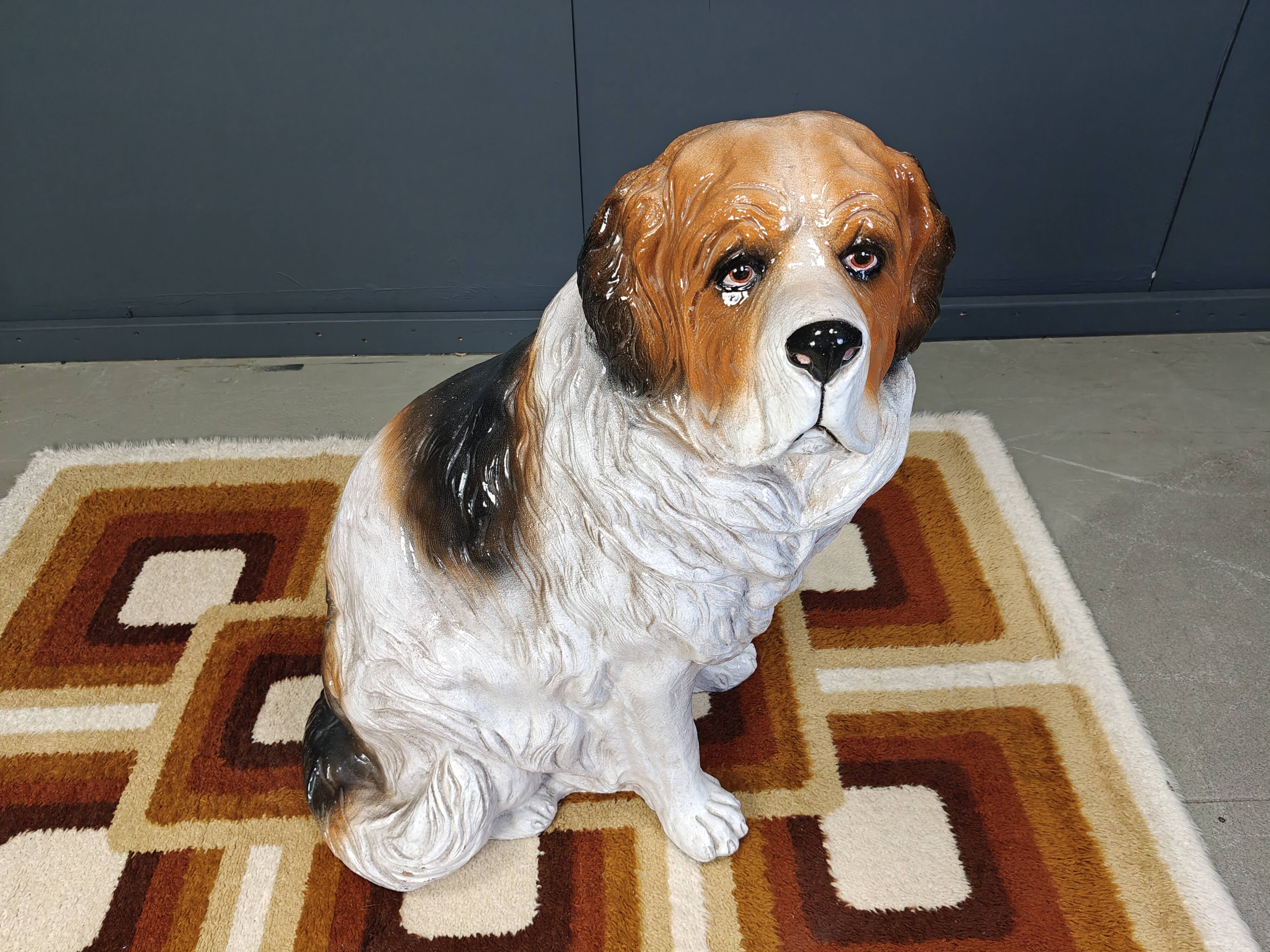 Life sized Vintage glazed terracotta St bernard dog sculpture, 1960s