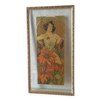 Illustration Mucha sur verre cadre doré
