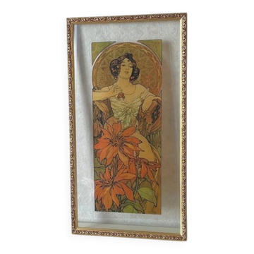 Mucha illustration on glass in a gilded frame