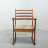 Rare Bas van Pelt Brutalist Oak Armchair with Woven Rush Seat for My Home