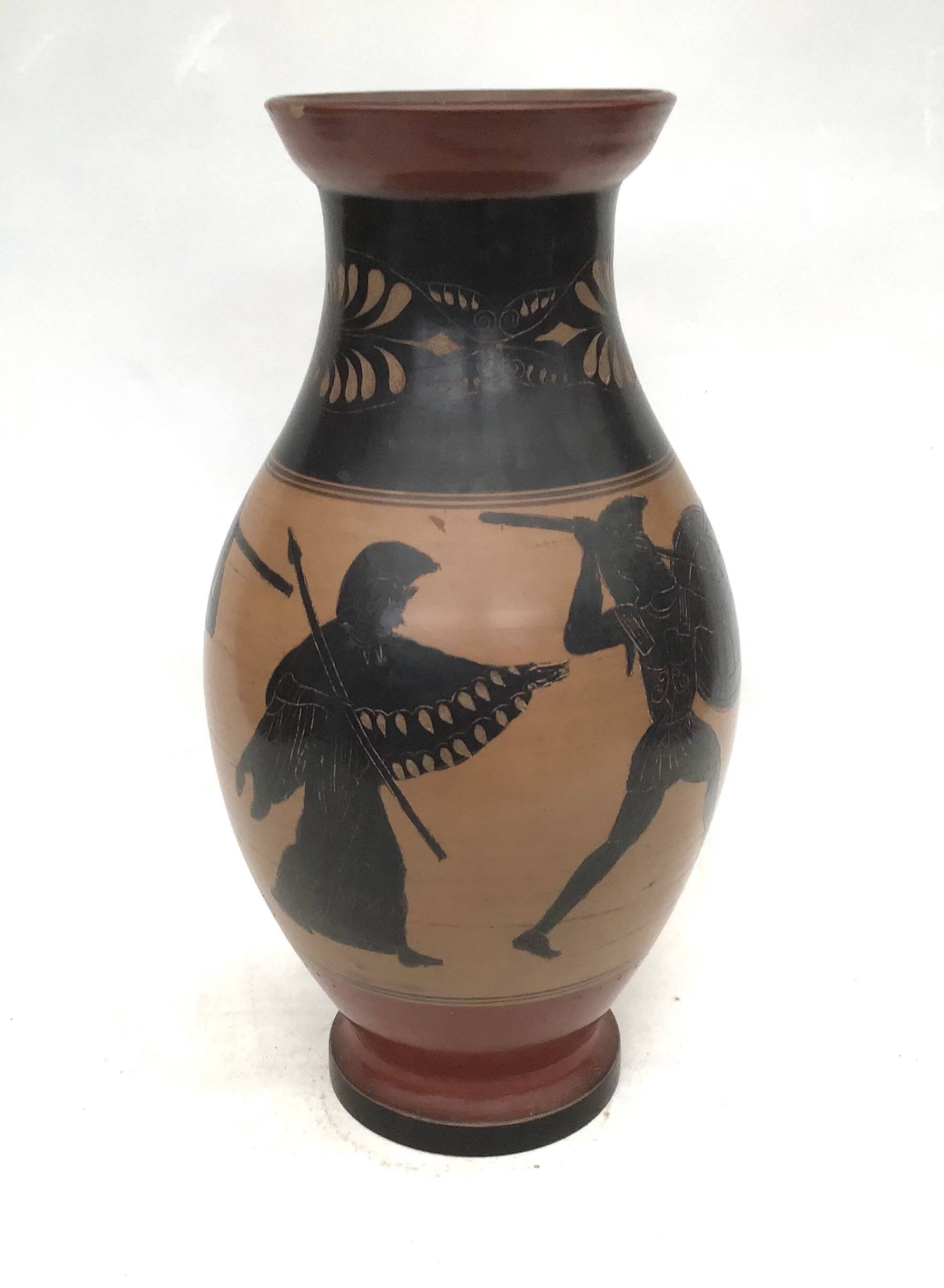 Reproduction of a Greek Attic-style black-figure vase depicting warriors