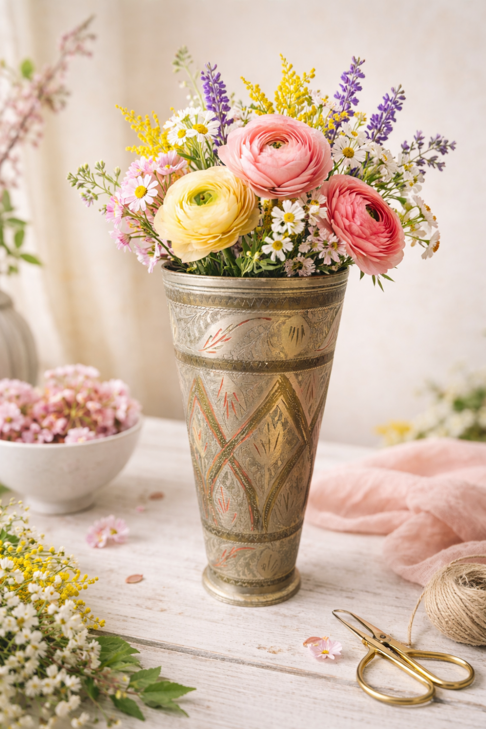 Antique engraved brass lassi glass – Indian artisanal bohemian vase