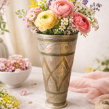 Antique engraved brass lassi glass – Indian artisanal bohemian vase