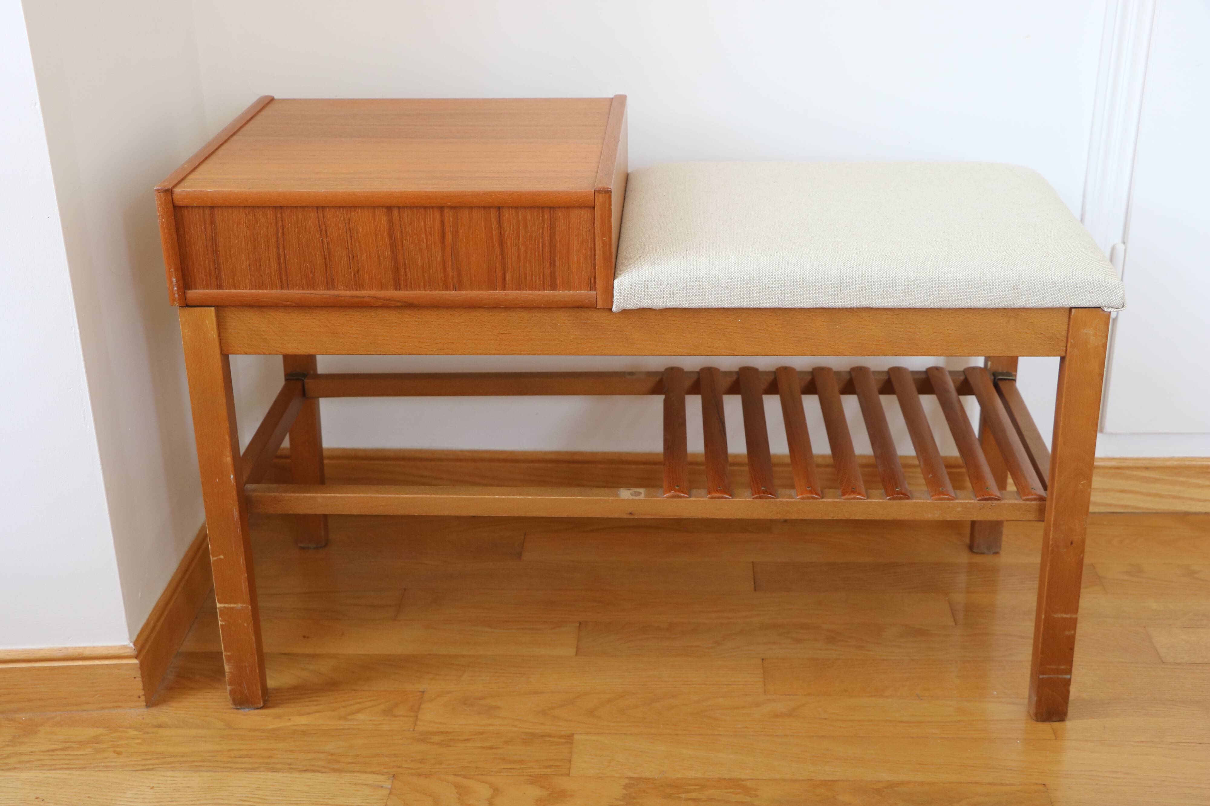 Entrance bench, Scandinavian modular telephone bench, teak, 1960