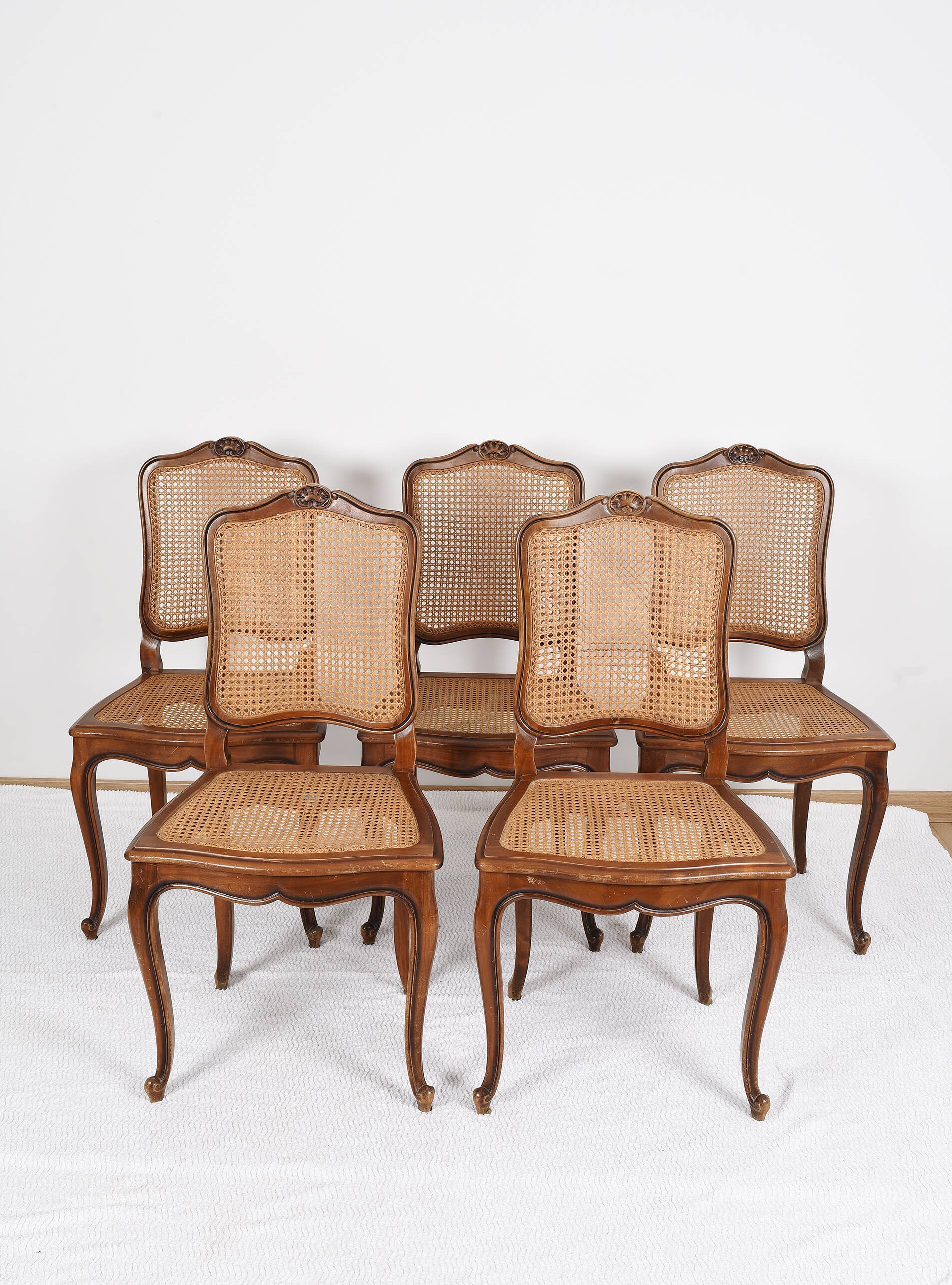 Series of 5 cane chairs, backs and seats, Louis XV style
