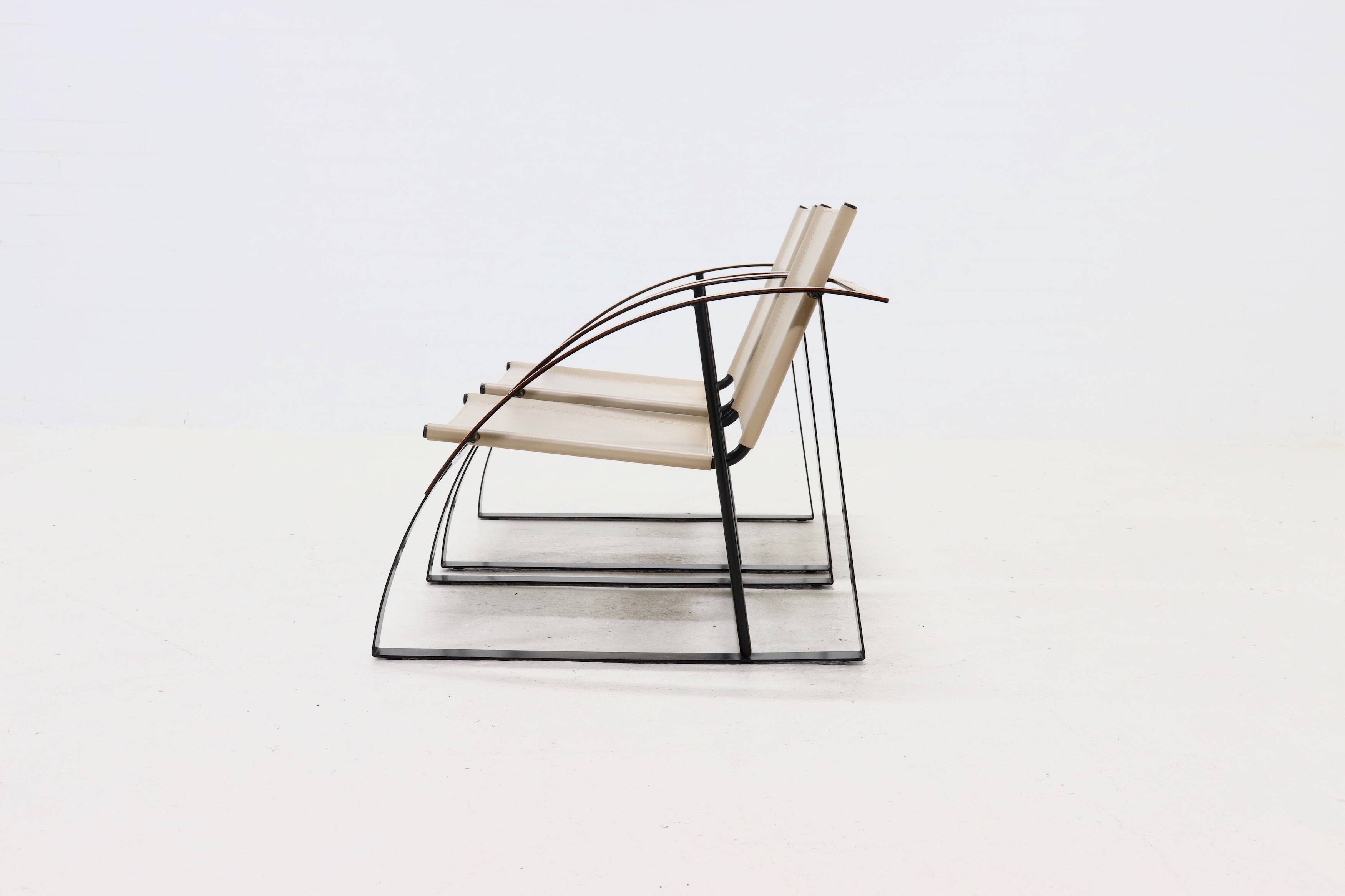 Set of 2 Post Modern Saddle Leather and Steel Armchairs 1970s