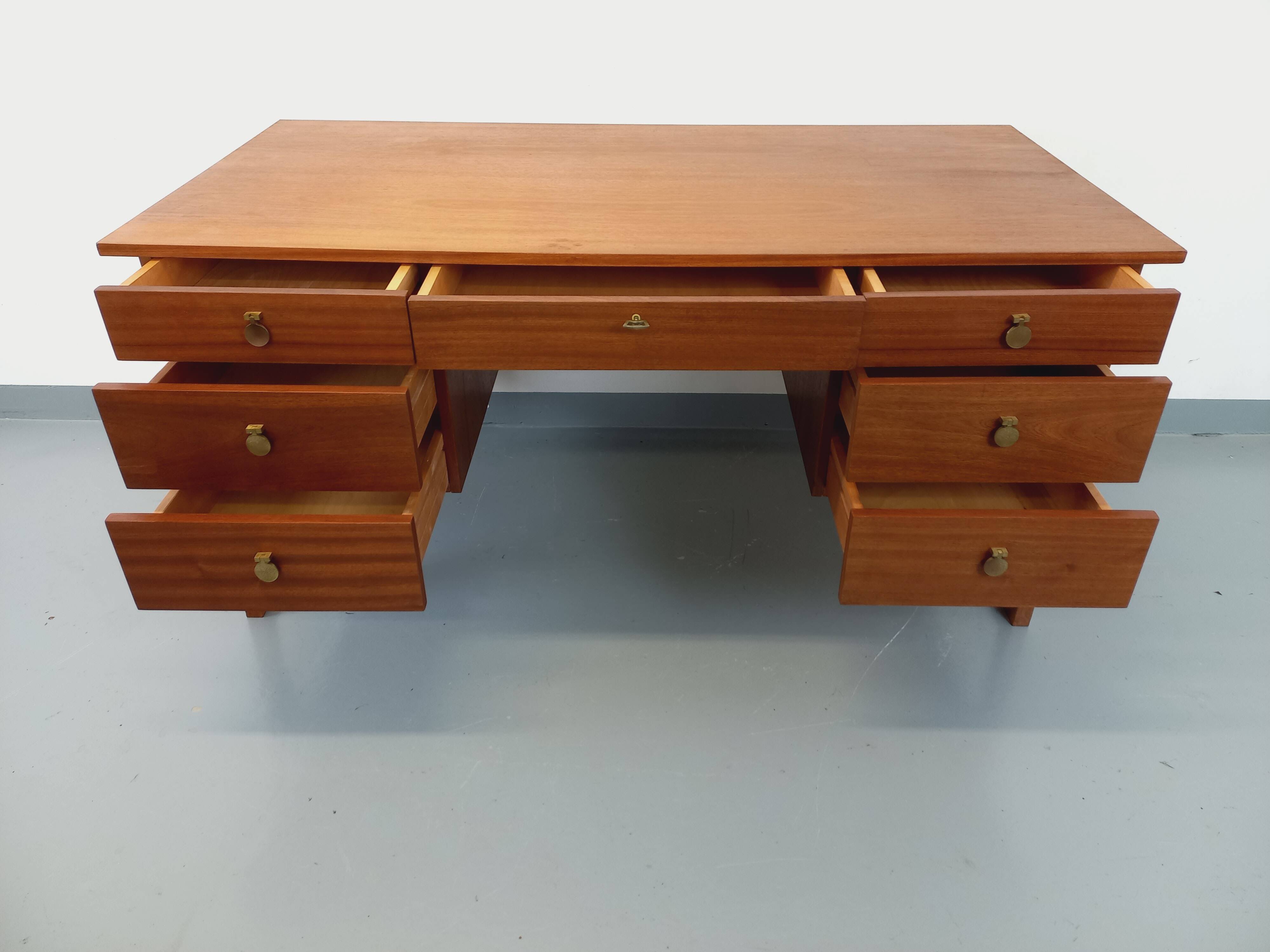 Double-sided executive desk sled legs vintage Scandinavian style in teak from the 60s