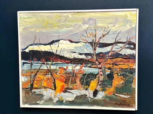 Original Swedish Oil on Panel – “Autumn Shore” by Harry Sahlin – Dated 1973