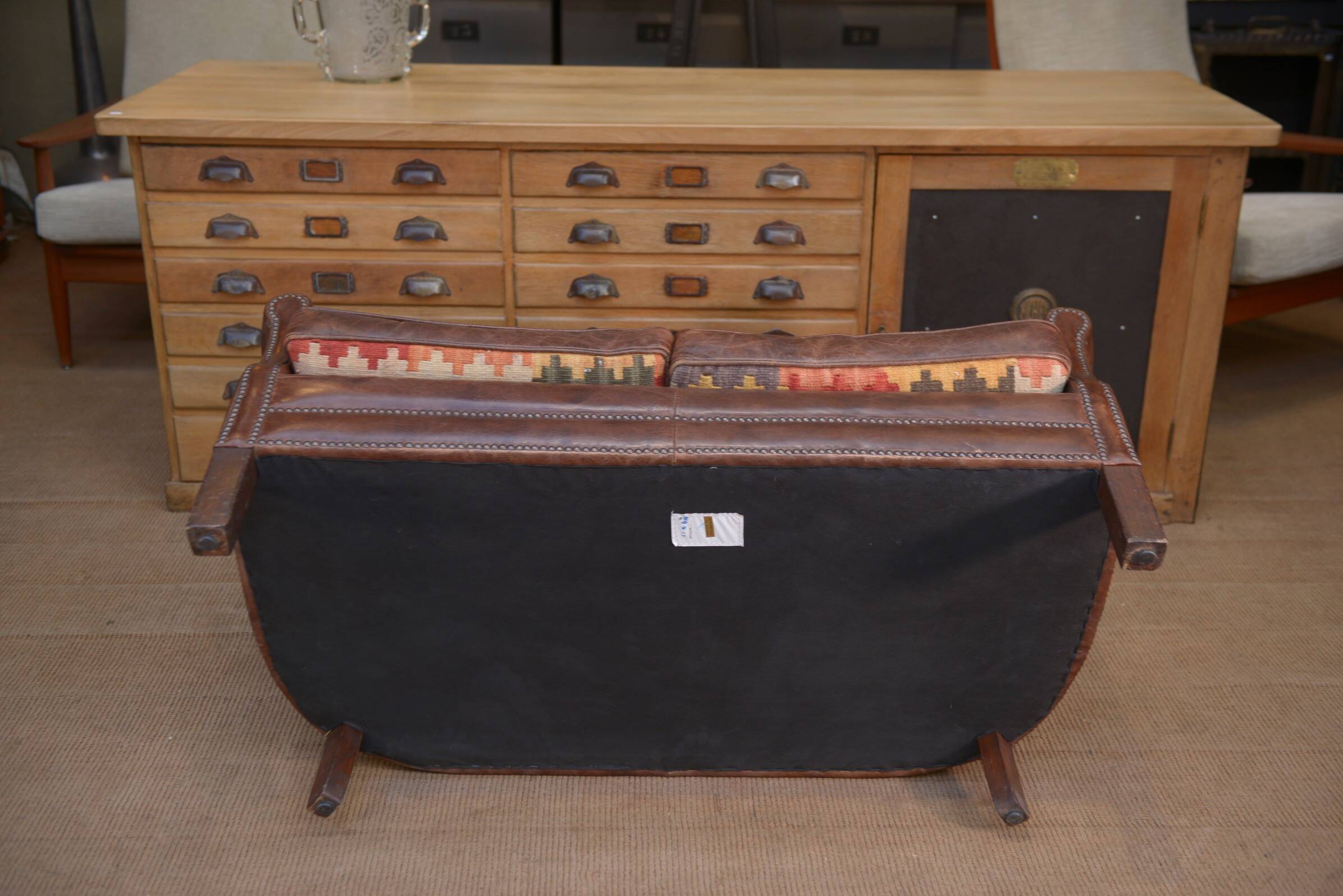 Small Vintage Bench Sofa Studded Leather Sofa 1970s