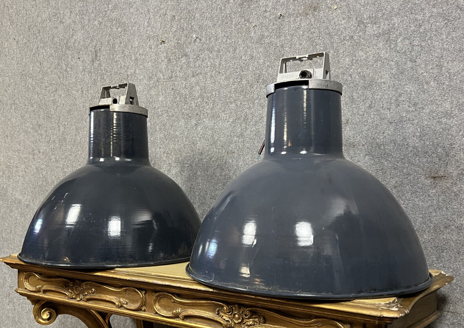 Pair of Mazda industrial suspension lamps in lacquered sheet metal