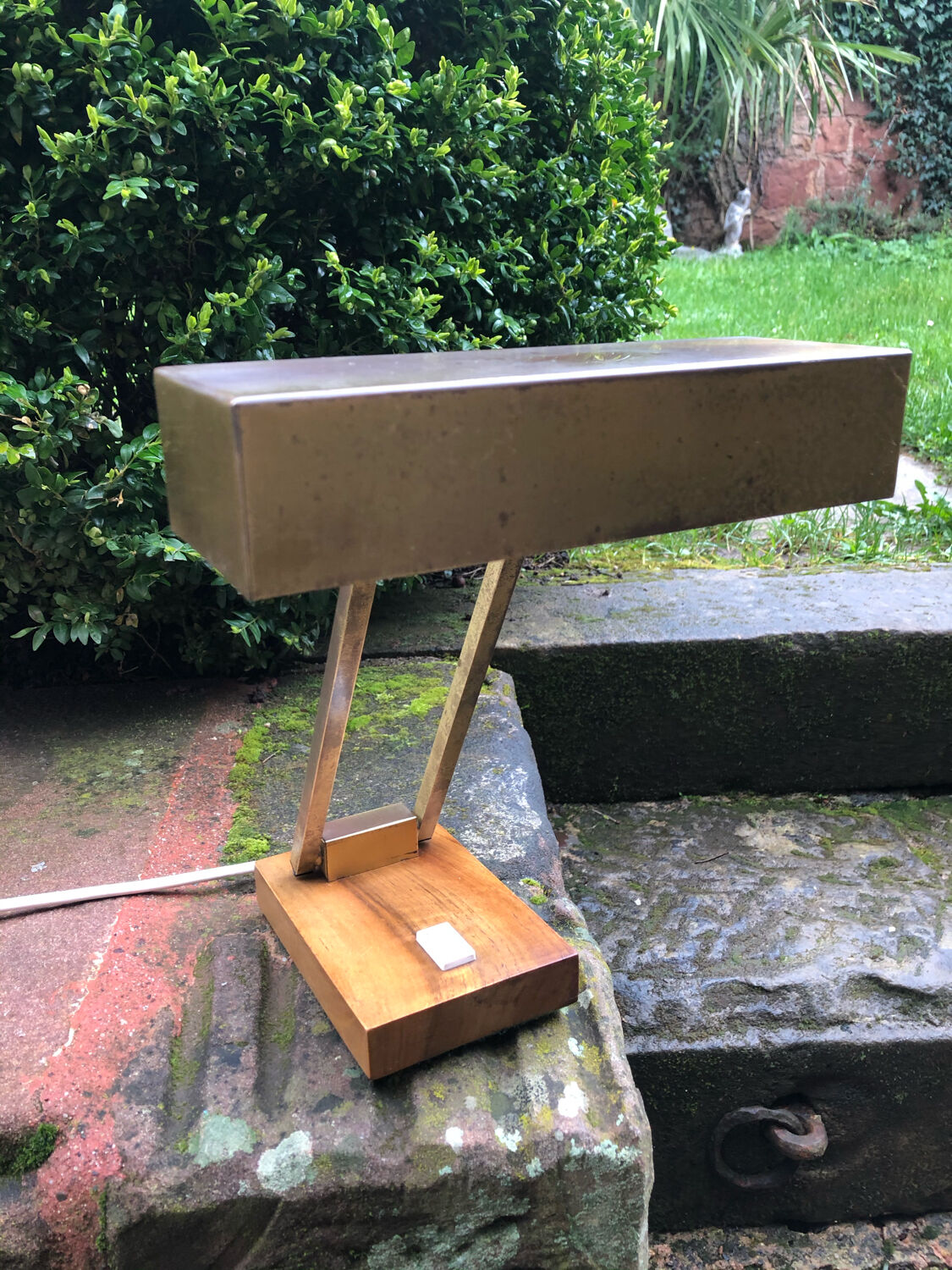 Bauhaus desk lamp gilded brass and teak