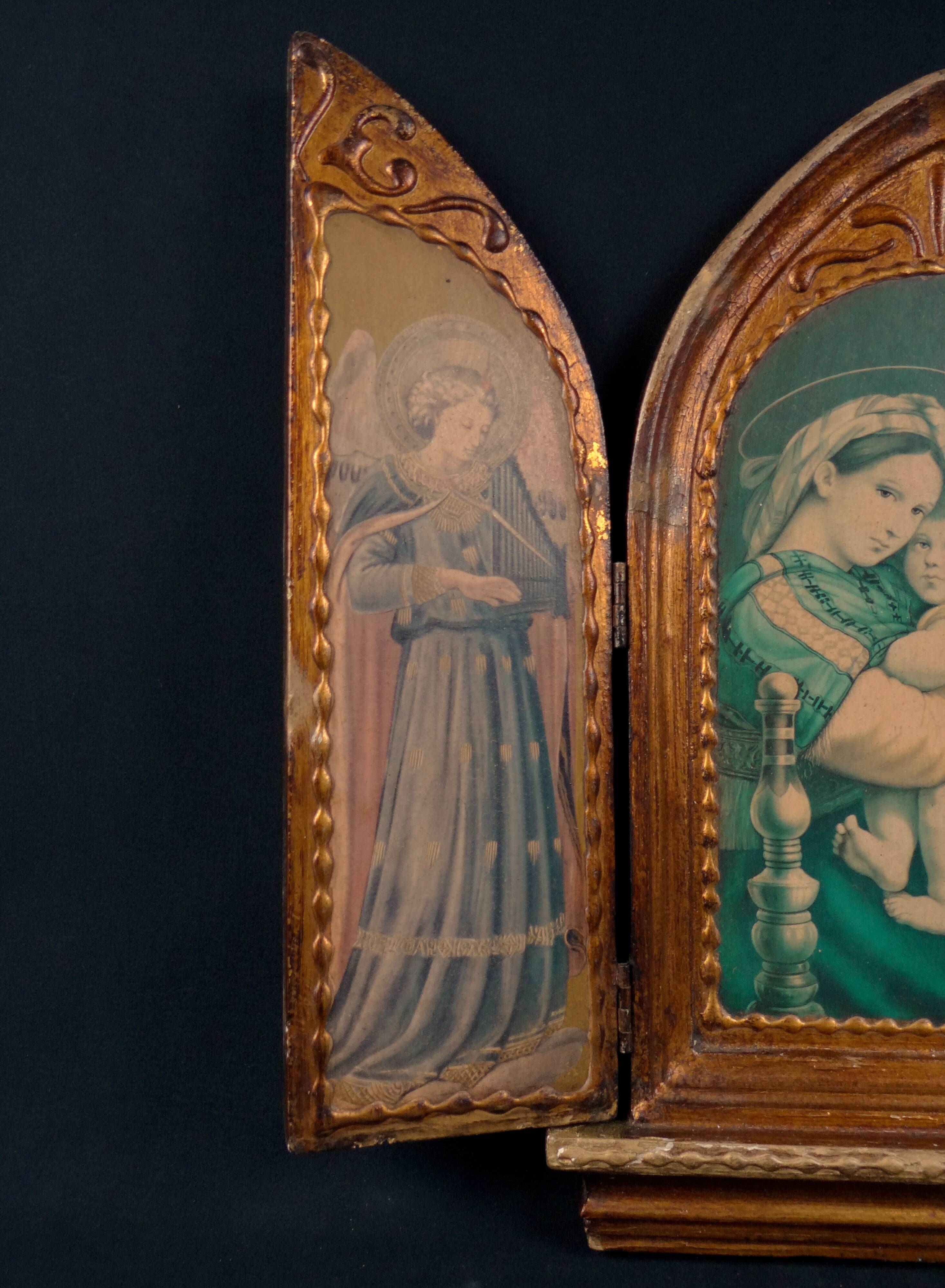 Florentine-style religious triptych in carved wood and gilded stucco, mid-20th century