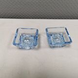 Two candleholders in turquoise/tranparent glass from Danish Kastrup-Holmegaard glassworks 1965-72