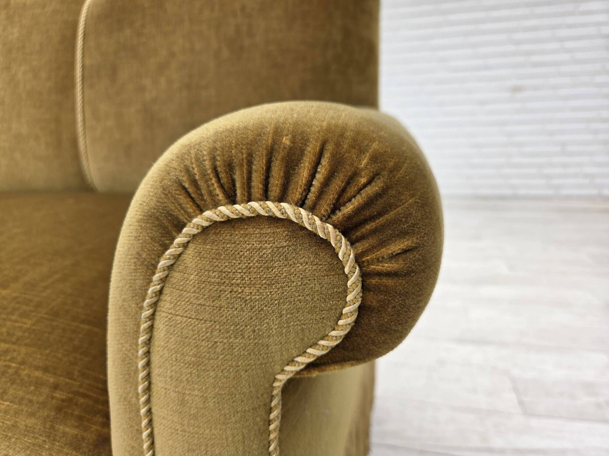 1950s, 2 seater sofa/daybed, light green furniture velour, ash wood legs.