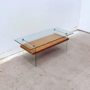 Coffee table by Robert Debiève in ash veneer, glass and brass, France 1950.