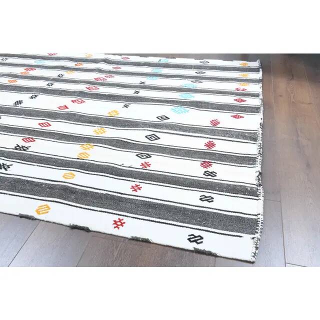 Vintage Turkish Oushak Handmade Cotton White Wool Kilim Area Rug 147x202