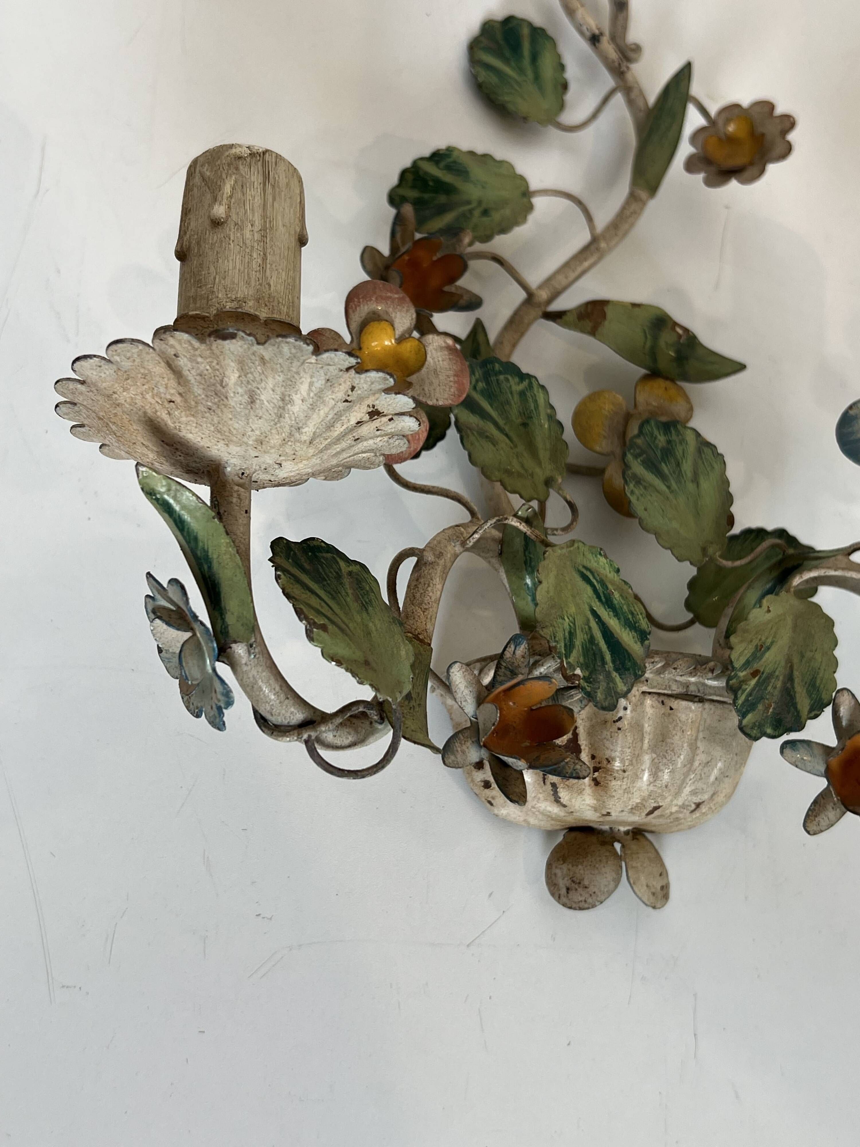 Pair of Wall Lights with Floral Basket in Painted Sheet Metal. Italian Work. Circa 19.