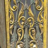 Rectangular Indonesian construction element with blue and yellow plant in carved wood