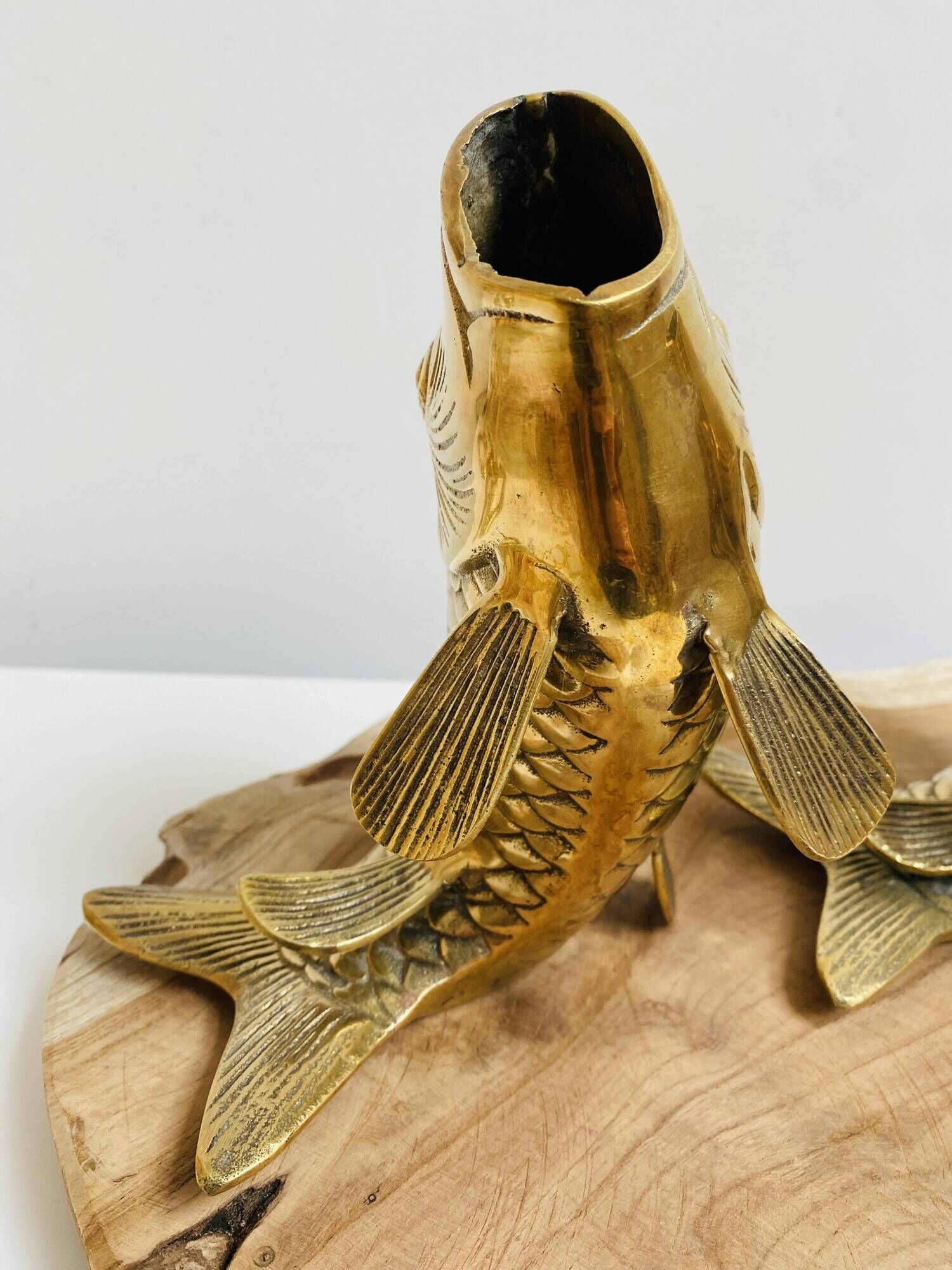 Pair of koi carp vases in brass, animal sculpture