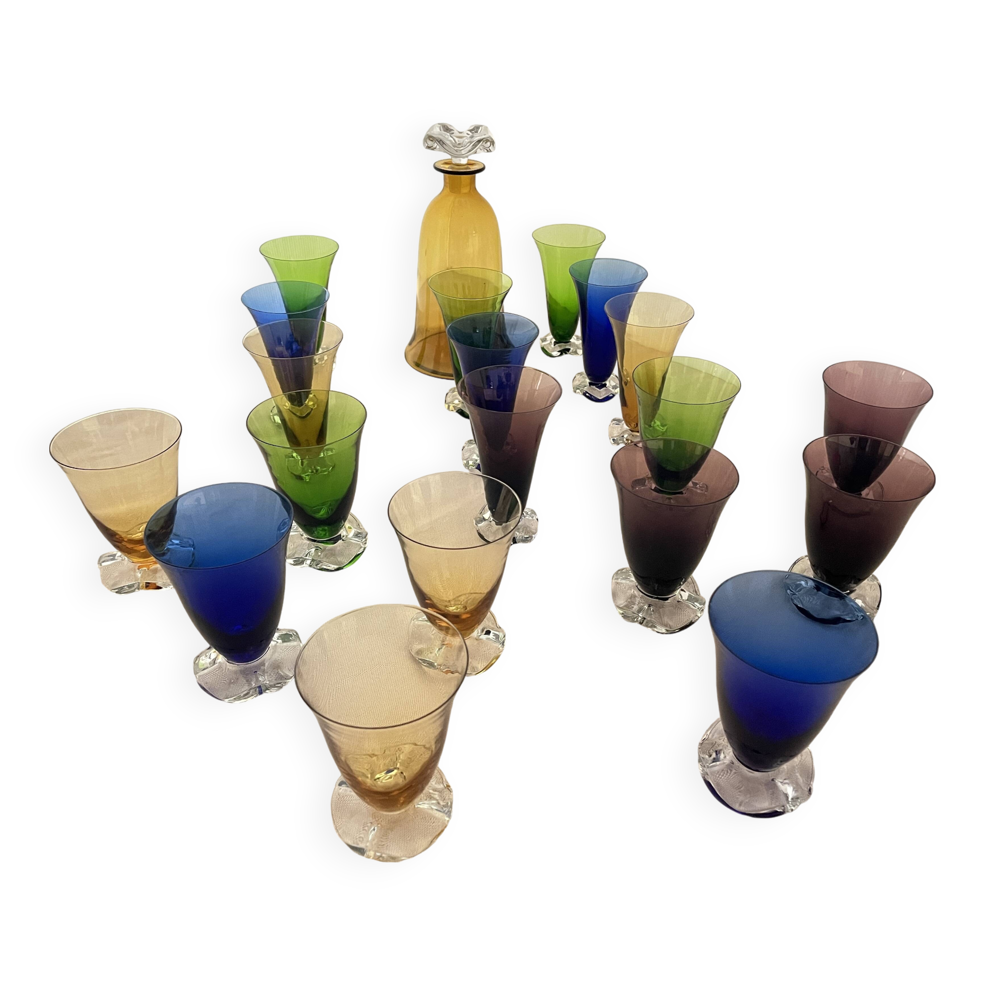 Vintage carafe and glasses service (19) in Murano glass from the 50s.