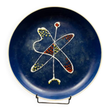 Large decorative dish signed André Baud, diameter 37 cm, enamelled decoration on a deep blue background