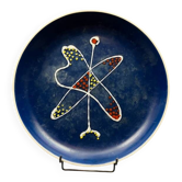 Large decorative dish signed André Baud, diameter 37 cm, enamelled decoration on a deep blue background