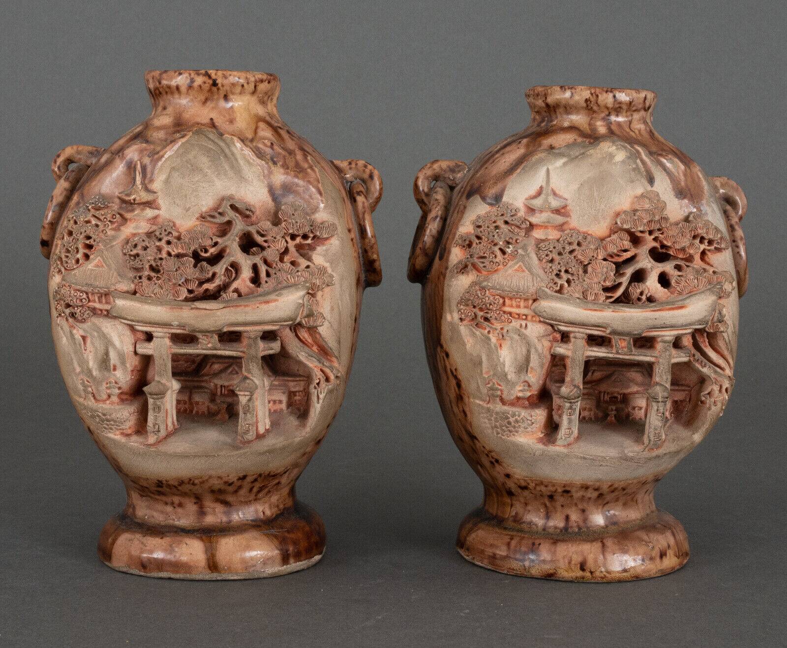 Pair of Banko Ware vases from China ceramic temple and pagoda decor