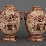 Pair of Banko Ware vases from China ceramic temple and pagoda decor