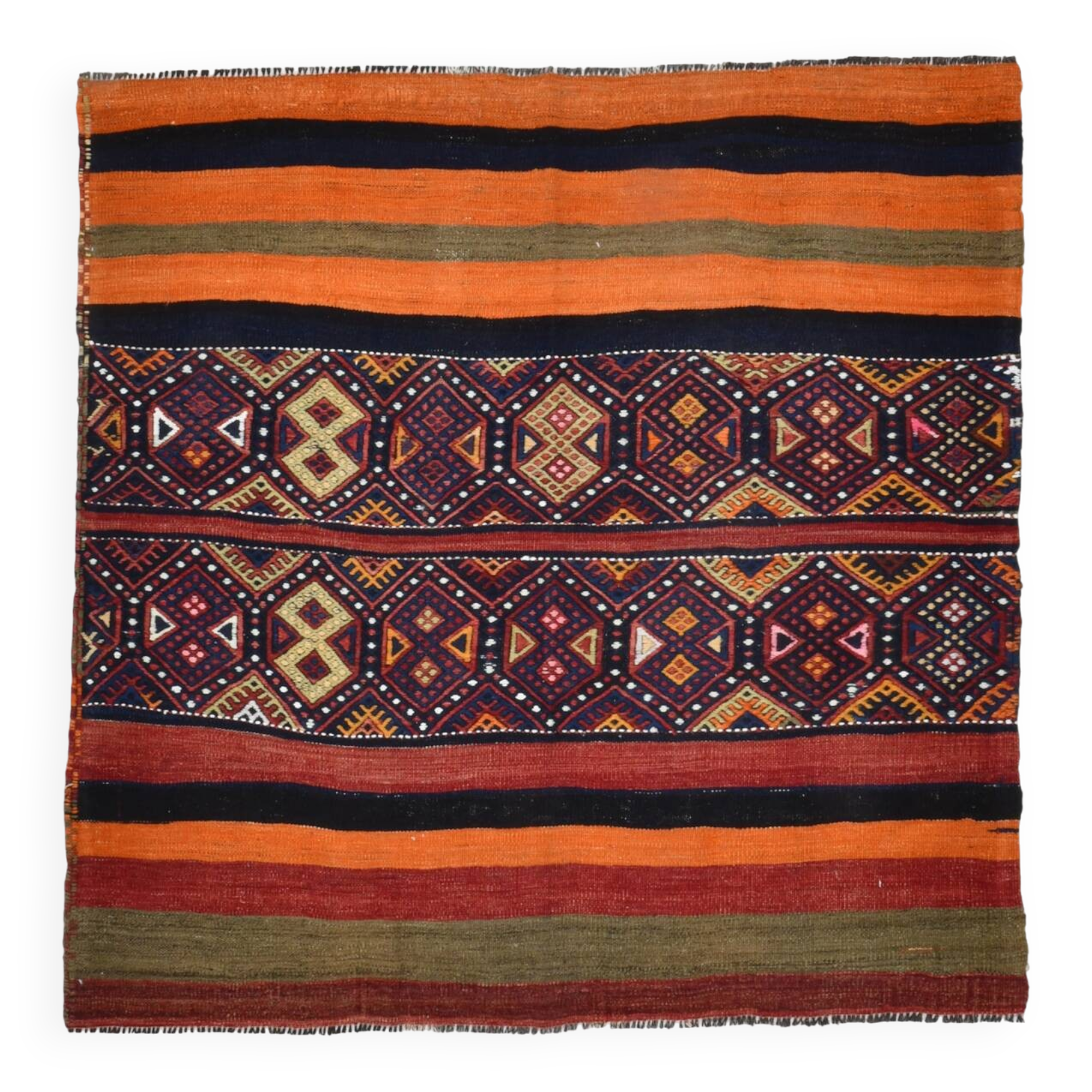 Navy Blue Orange Square Antique Kilim Rug, 128x128Cm