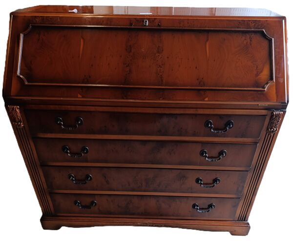 Bureau à abattant, secrétaire de style classique en acajou et ronce