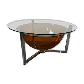 Table basse ronde en verre et plexiglas plexi fumé vintage 1970 base chromée