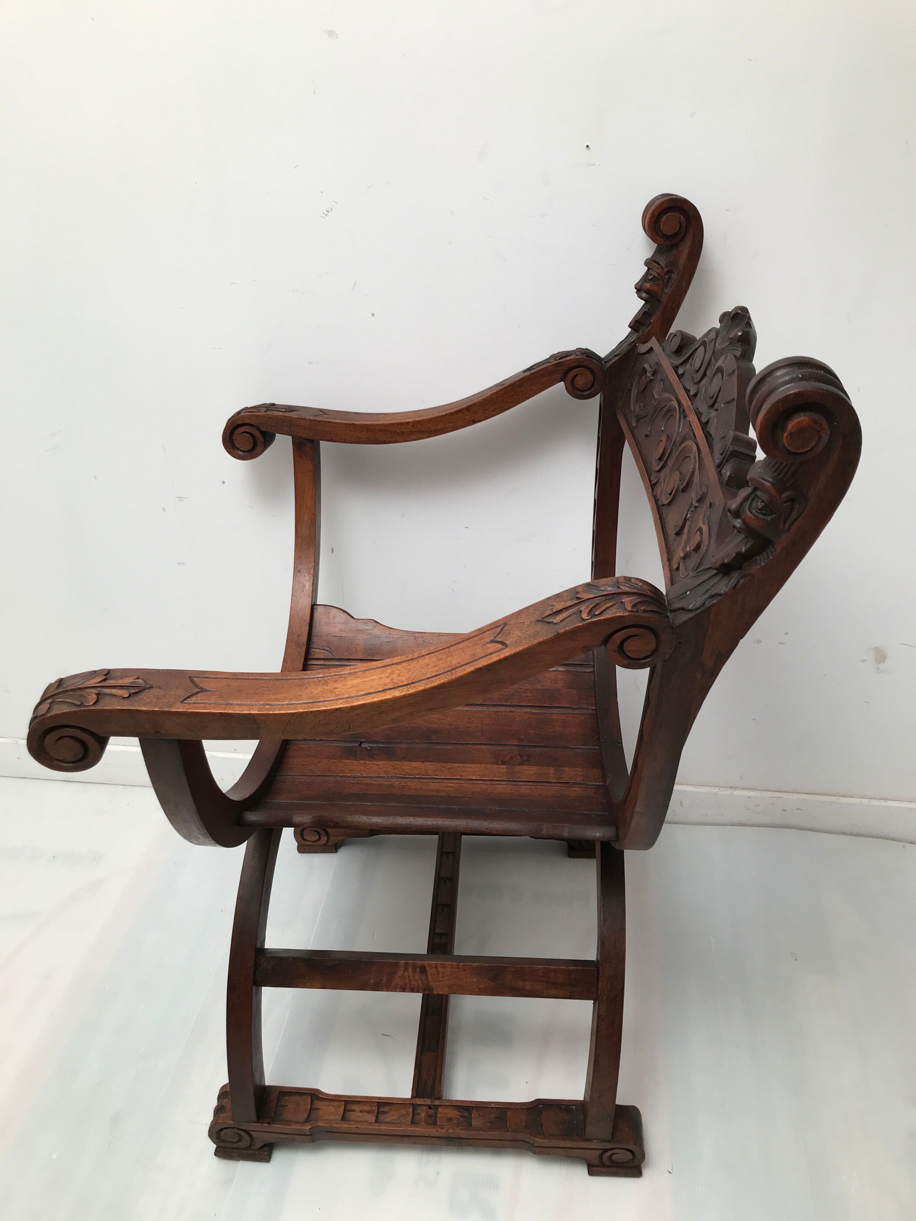 Pair of armchairs old curule called carved wooden dagobert