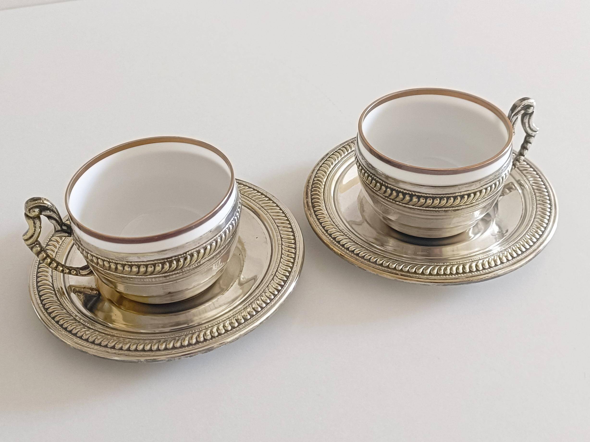 Victorian Alpaca Silver Tea or Coffee Pair of Cups and Plates, England 19th C.