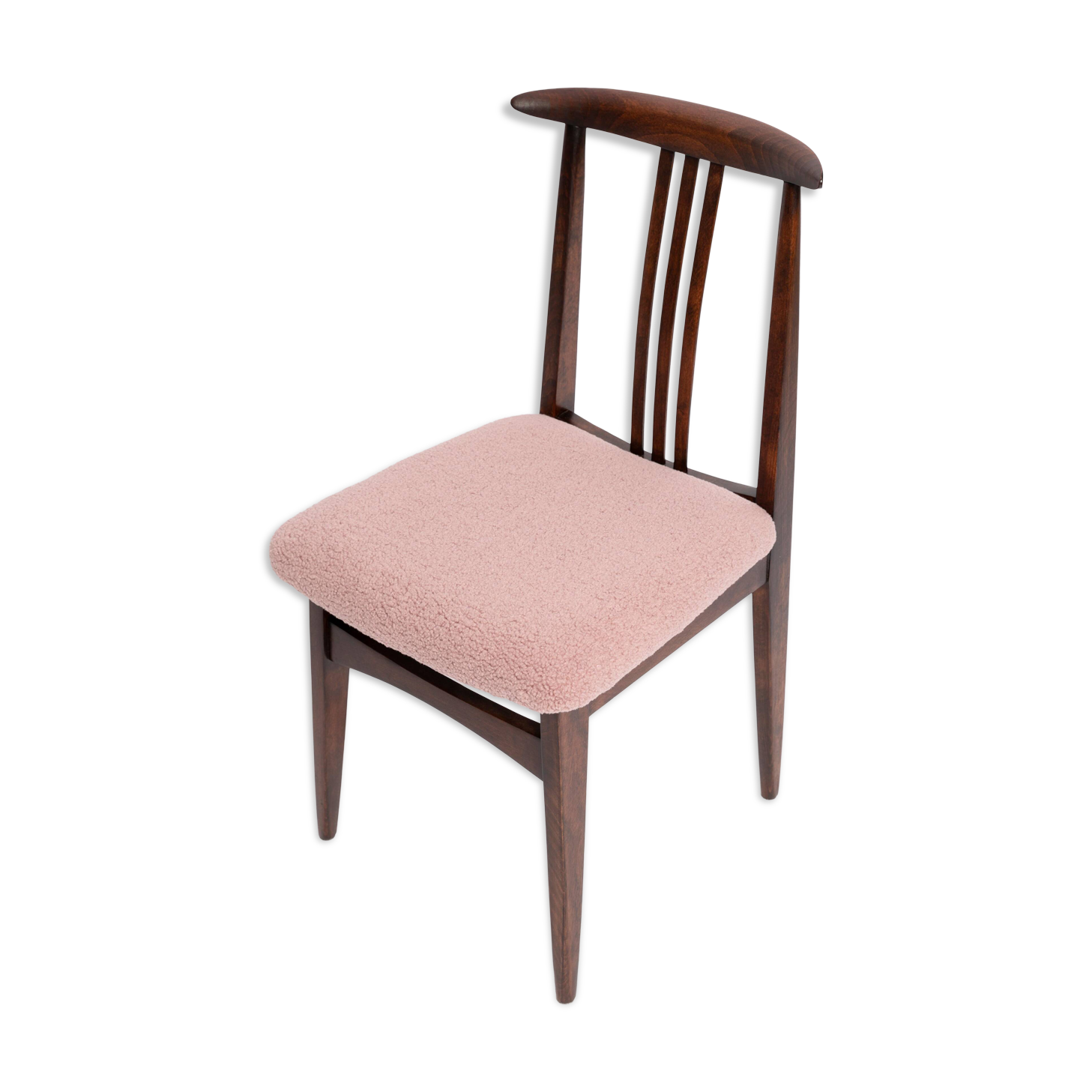 Mid-Century Beech Chair in Pale Pink Boucle, Walnut Wood, by M. Zielinski, Europe, 1960s