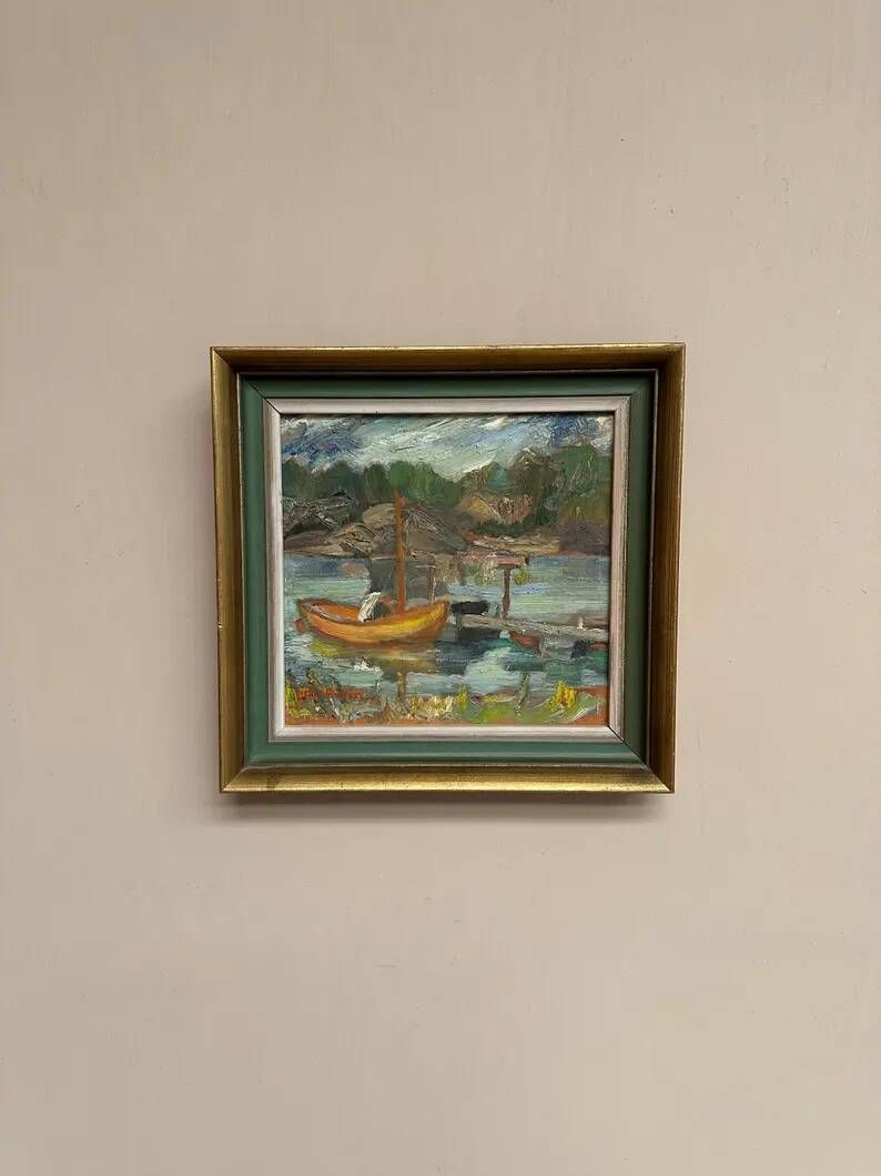 Oil on Swedish Panel - "Dock" by Dal-Edvin - Signed - Vintage and Framed - 31 × 30 cm (12.2 in × 11.8 in)