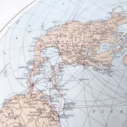 World map, planisphere, vintage air and sea routes from 1950.