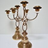 Pair of brass and three-pointed stone candelabra candle holders early twentieth century