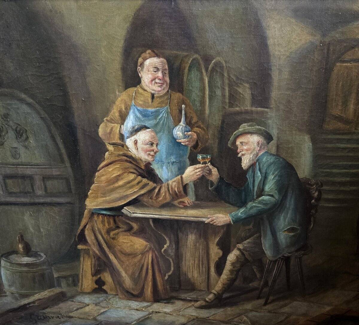Granval: oil painting on canvas depicting a tasting scene in the cellars of a monastery.
