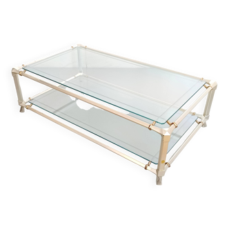 Rectangular Engraved Crystal and White Metal Coffee Table with a Lower Shelf