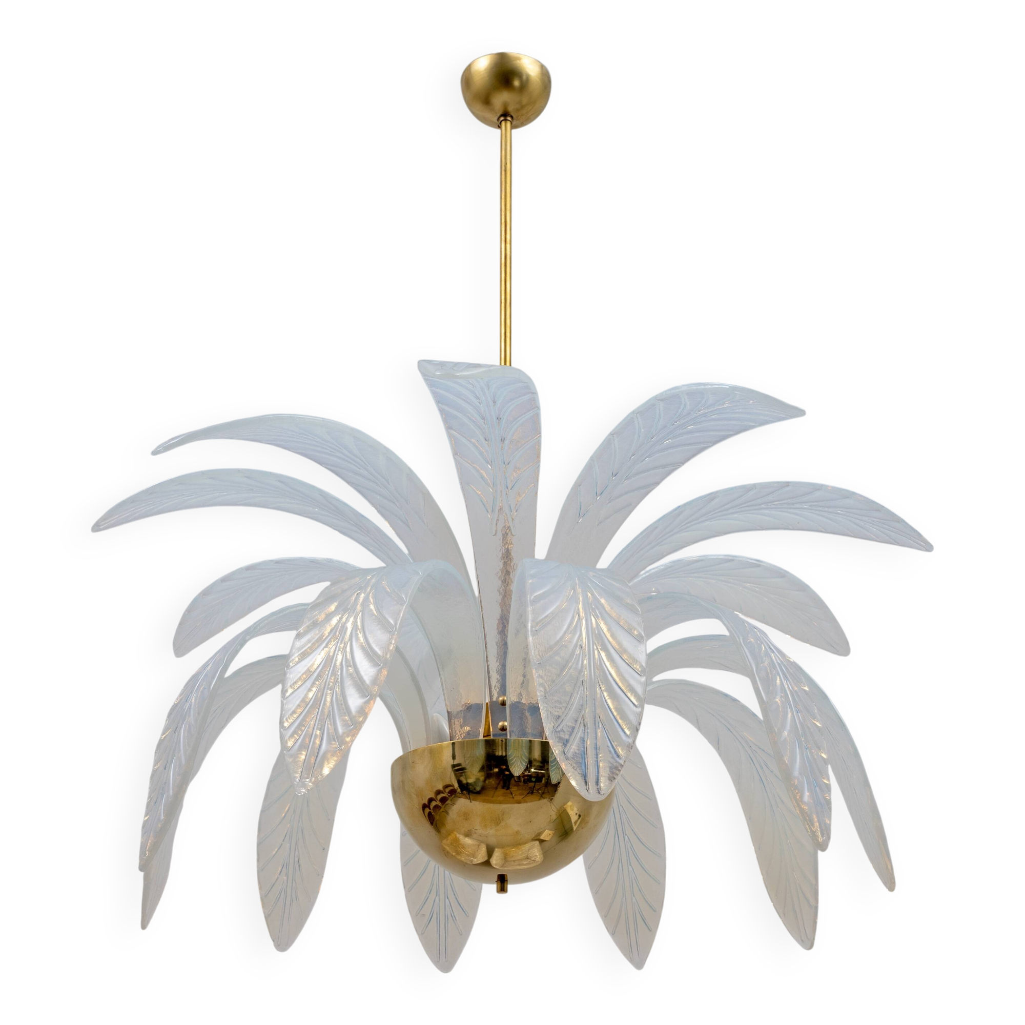 Iridescent Murano Glass and Brass Palm Leaves Chandelier