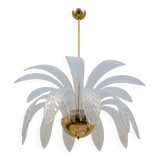 Iridescent Murano Glass and Brass Palm Leaves Chandelier
