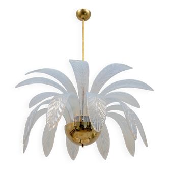 Iridescent Murano Glass and Brass Palm Leaves Chandelier