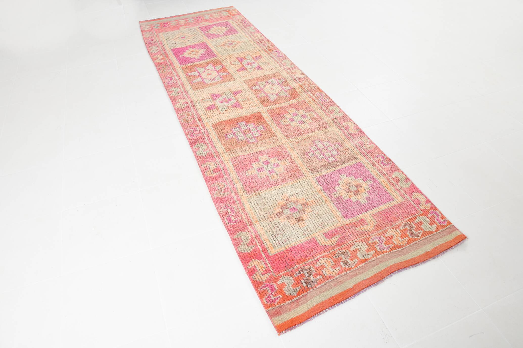 Pink & Orange Vintage Turkish Runner Rug, 103x326Cm